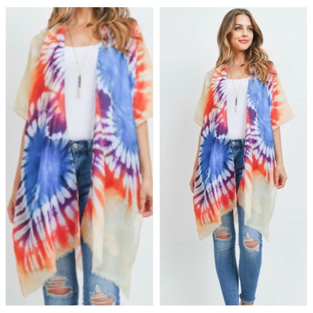 Boho Chic Kimono Wrap Robe Swim Coverup With Arms Tie Dye O/S Fits S-3XL - Picture 4 of 6